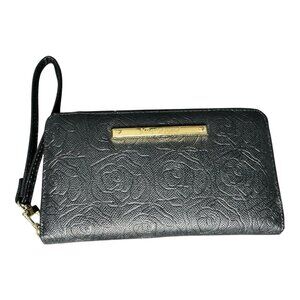 Betsey Johnson Embossed Black Rose Flower Zip Around Wallet Wristlet